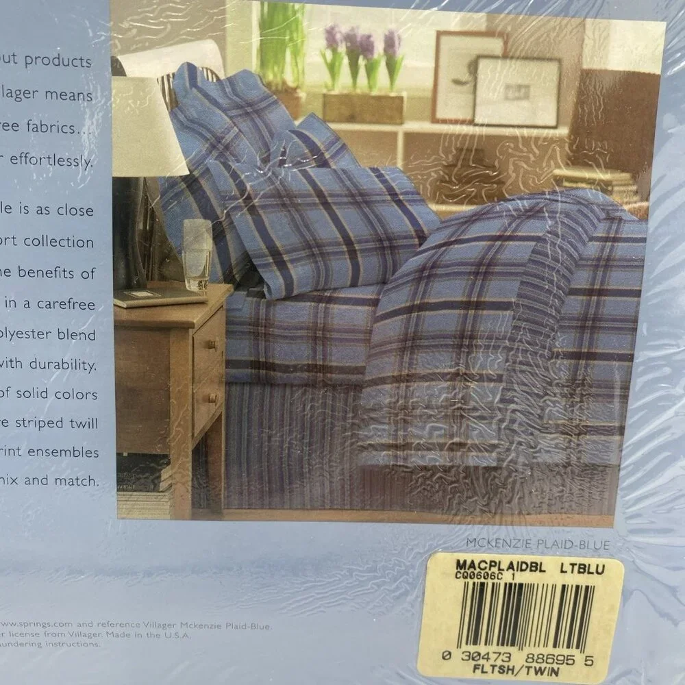 NEW Vintage Liz Claiborne Villager Twin Sheet Set Blue Plaid 3 Pcs NOS Made USA